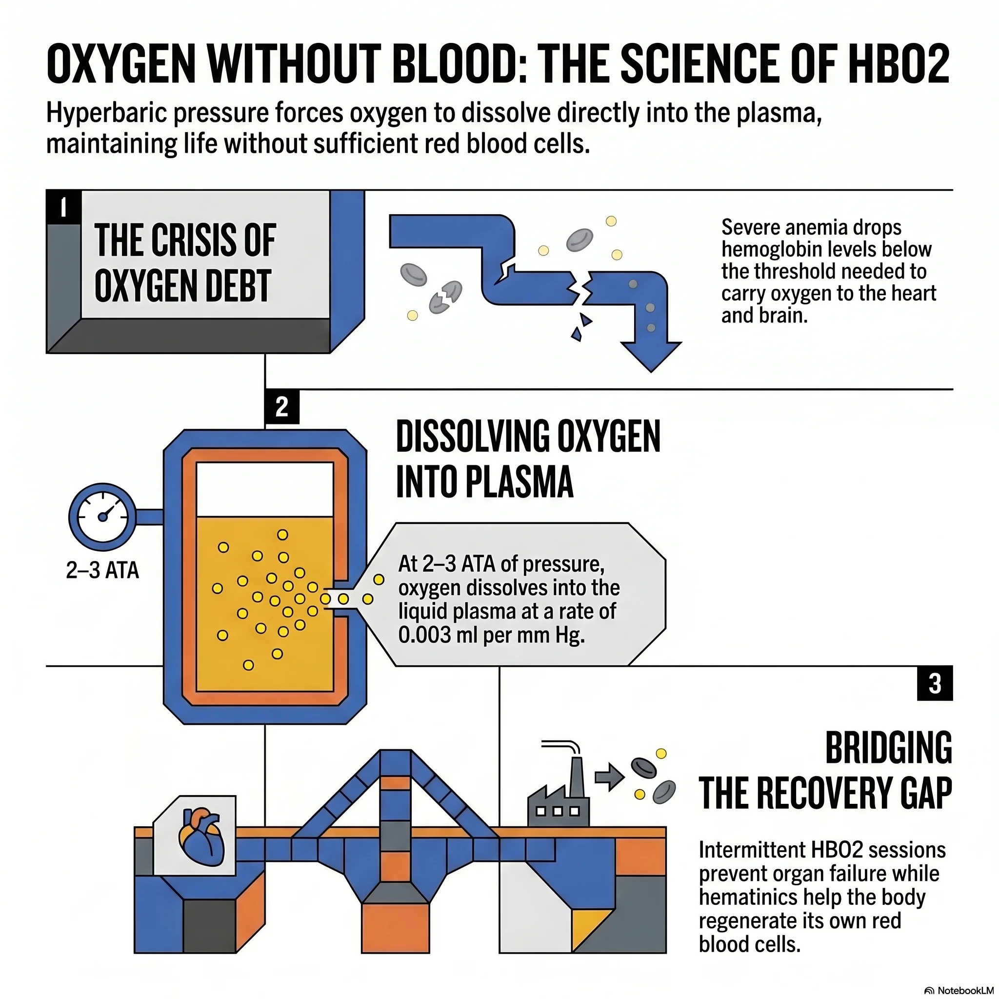 Infographic on how hyperbaric oxygen sustains life in severe blood-loss anaemia when transfusion is not possible