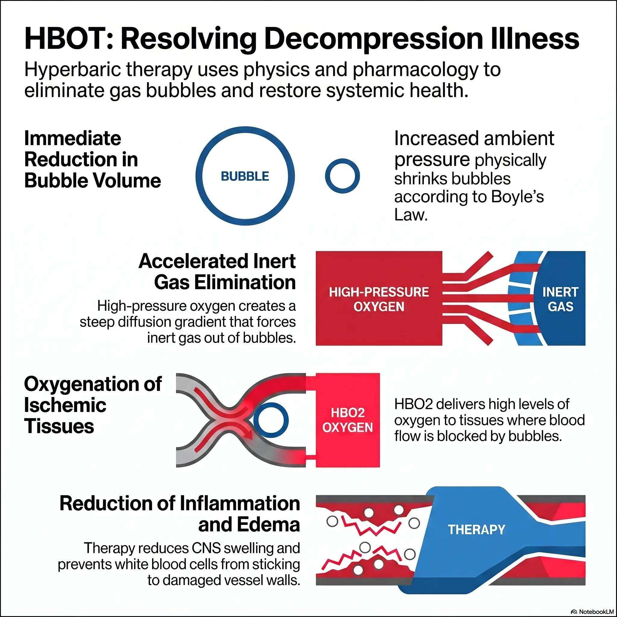 Infographic on decompression sickness (the bends) and hyperbaric oxygen recompression treatment