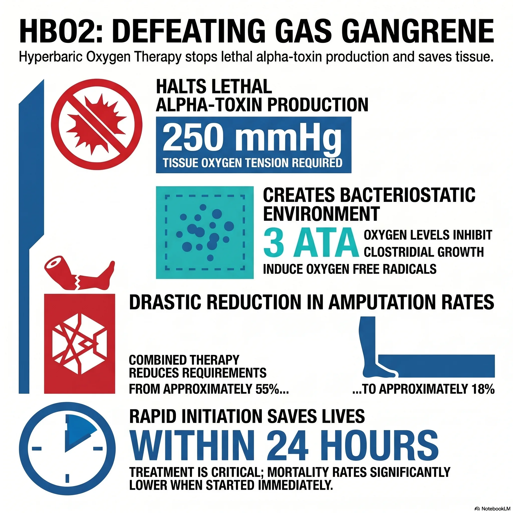 Infographic on gas gangrene (clostridial myonecrosis) and how hyperbaric oxygen halts toxin production