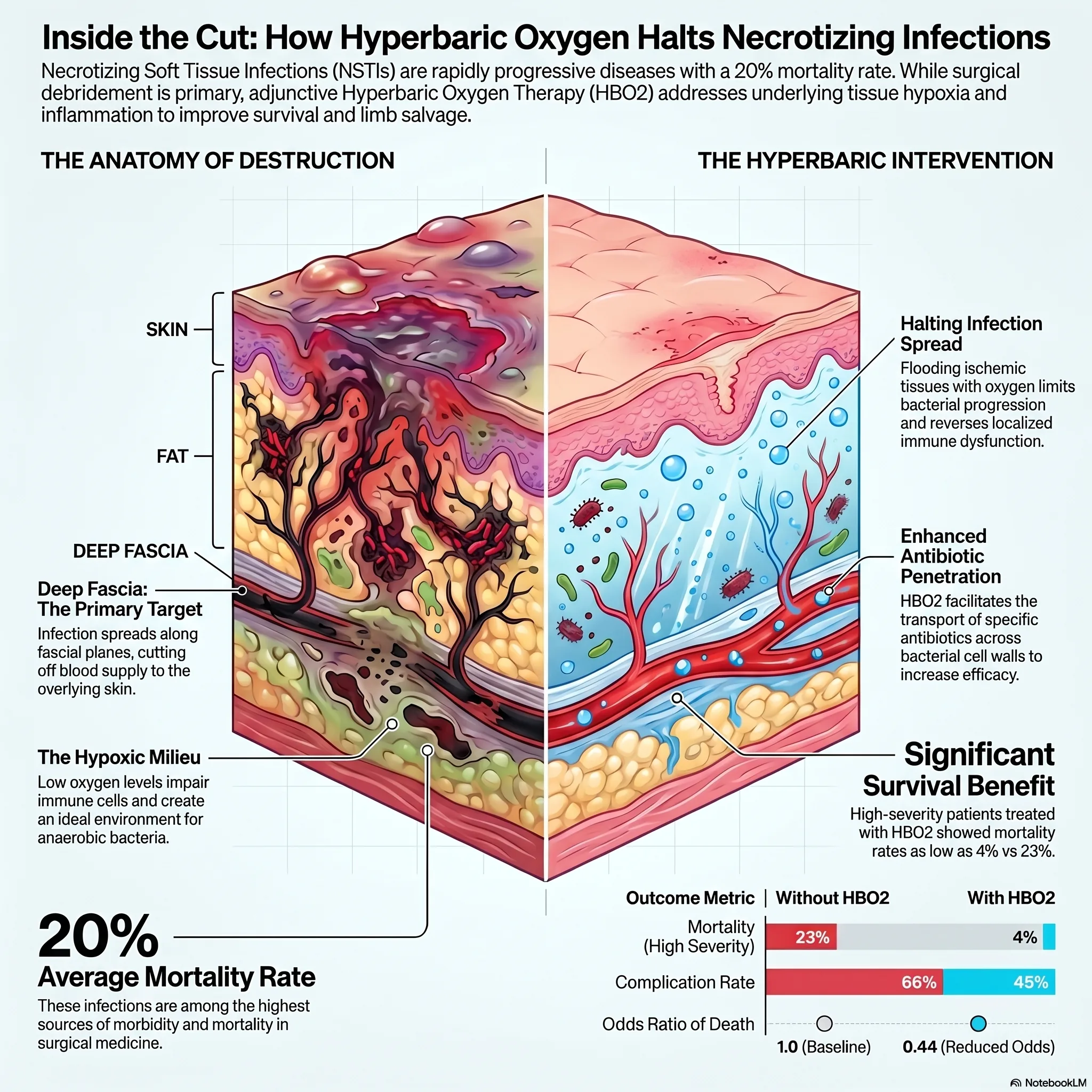 Infographic on how hyperbaric oxygen therapy treats necrotising soft-tissue infections - re-oxygenating ischaemic tissue, enhancing antibiotics, and modulating the immune response