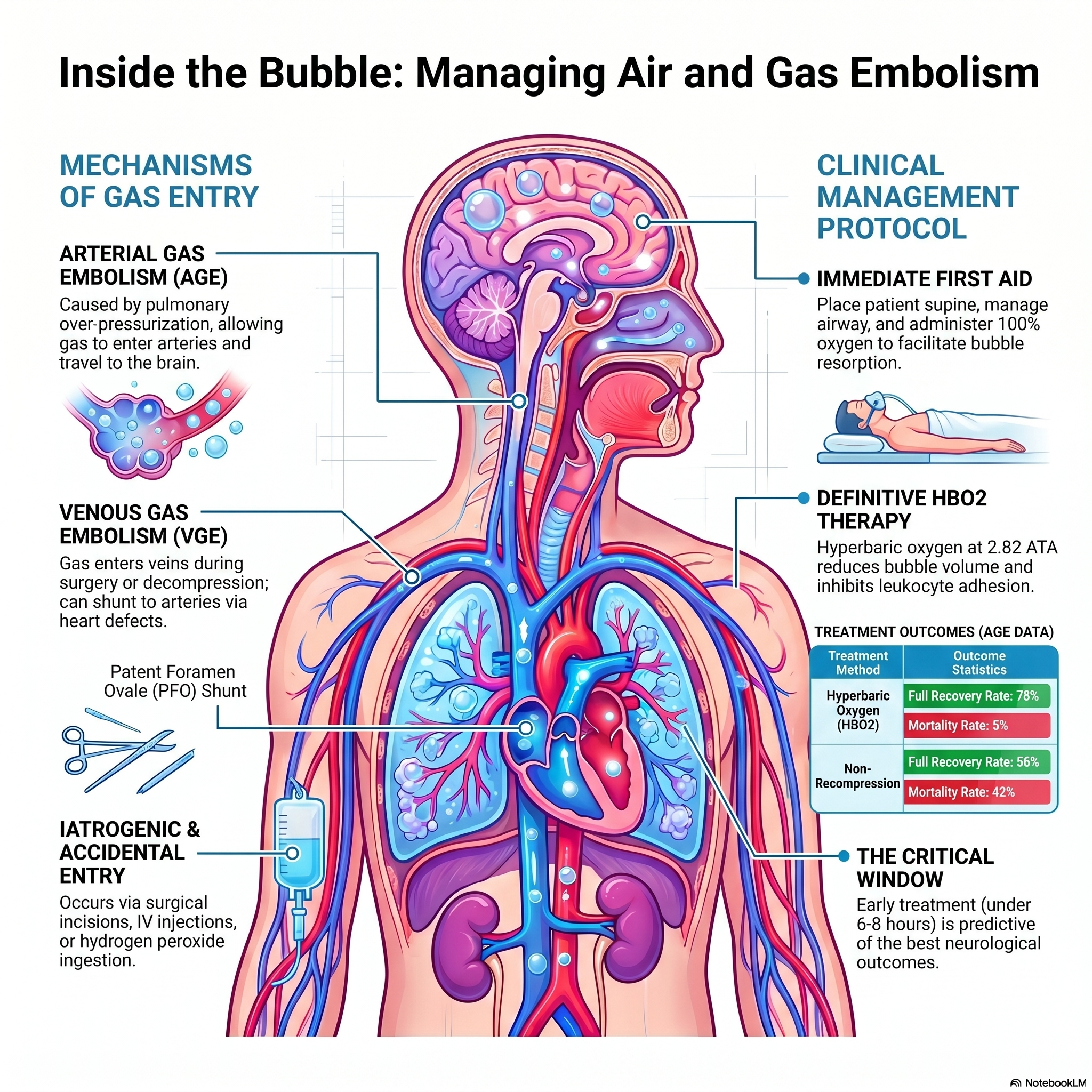 Infographic on managing air and gas embolism - arterial versus venous gas embolism, diagnosis, positioning, and hyperbaric oxygen treatment