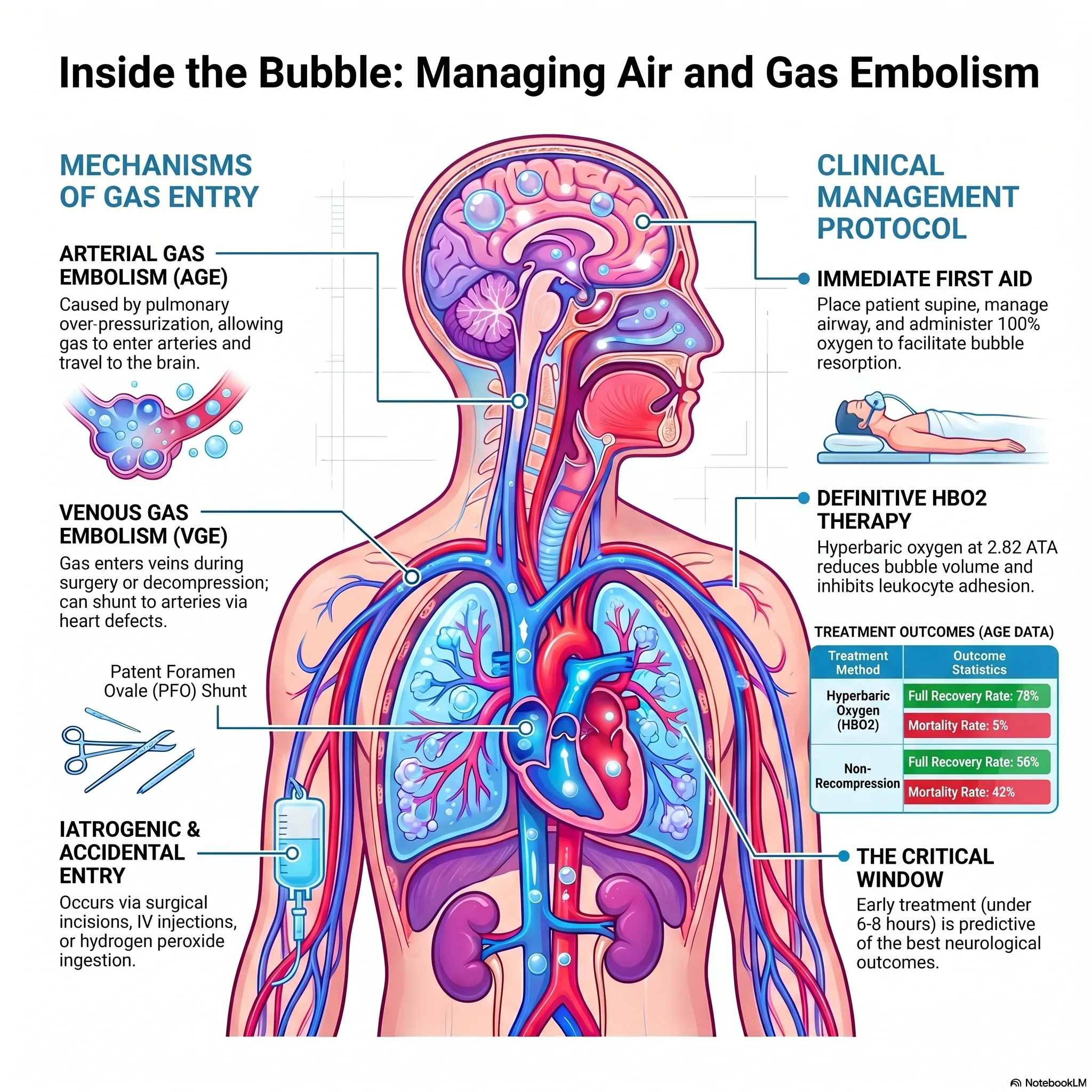 Infographic on managing air and gas embolism - arterial versus venous gas embolism, diagnosis, positioning, and hyperbaric oxygen treatment