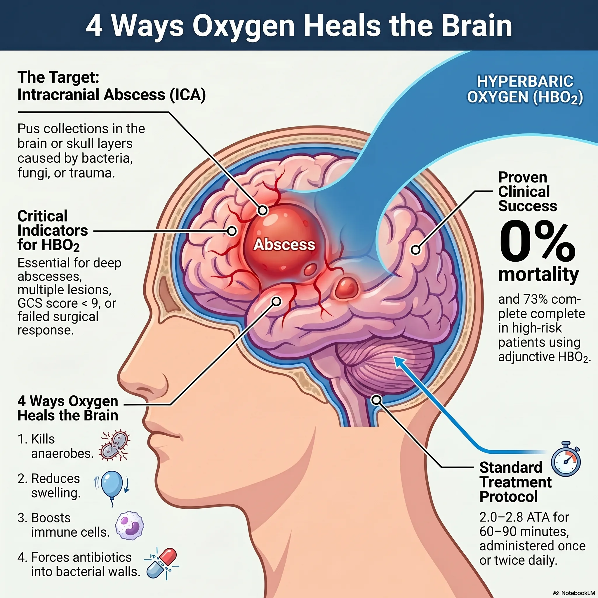 Infographic: four ways hyperbaric oxygen heals the brain in intracranial abscess - killing anaerobes, reducing swelling, boosting immune cells, and driving antibiotics into bacterial walls