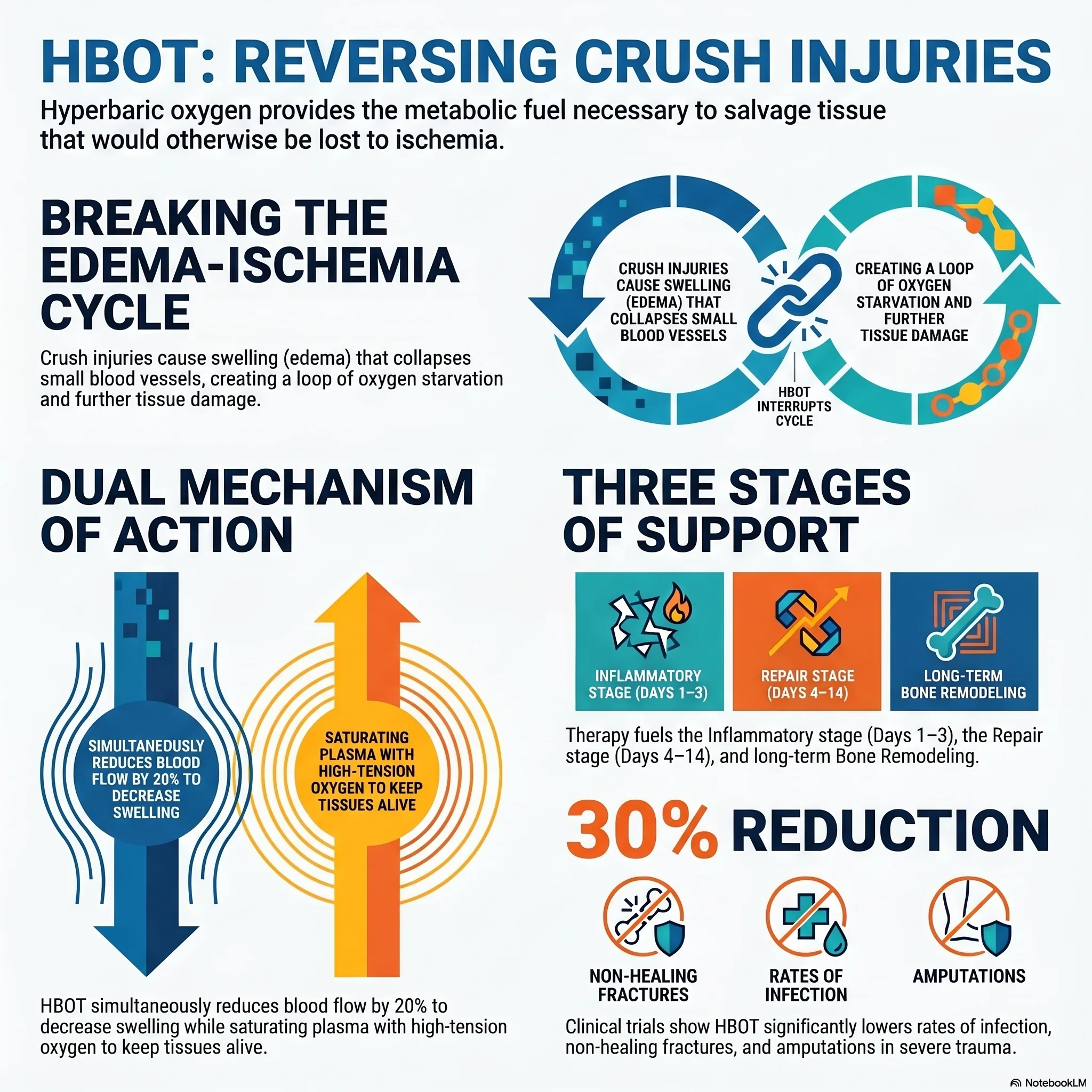 Infographic on how hyperbaric oxygen aids recovery in crush injury and acute traumatic ischaemia