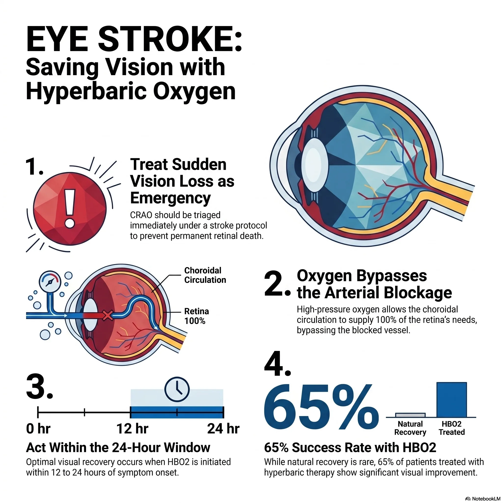 Infographic on how hyperbaric oxygen treats central retinal artery occlusion (eye stroke)