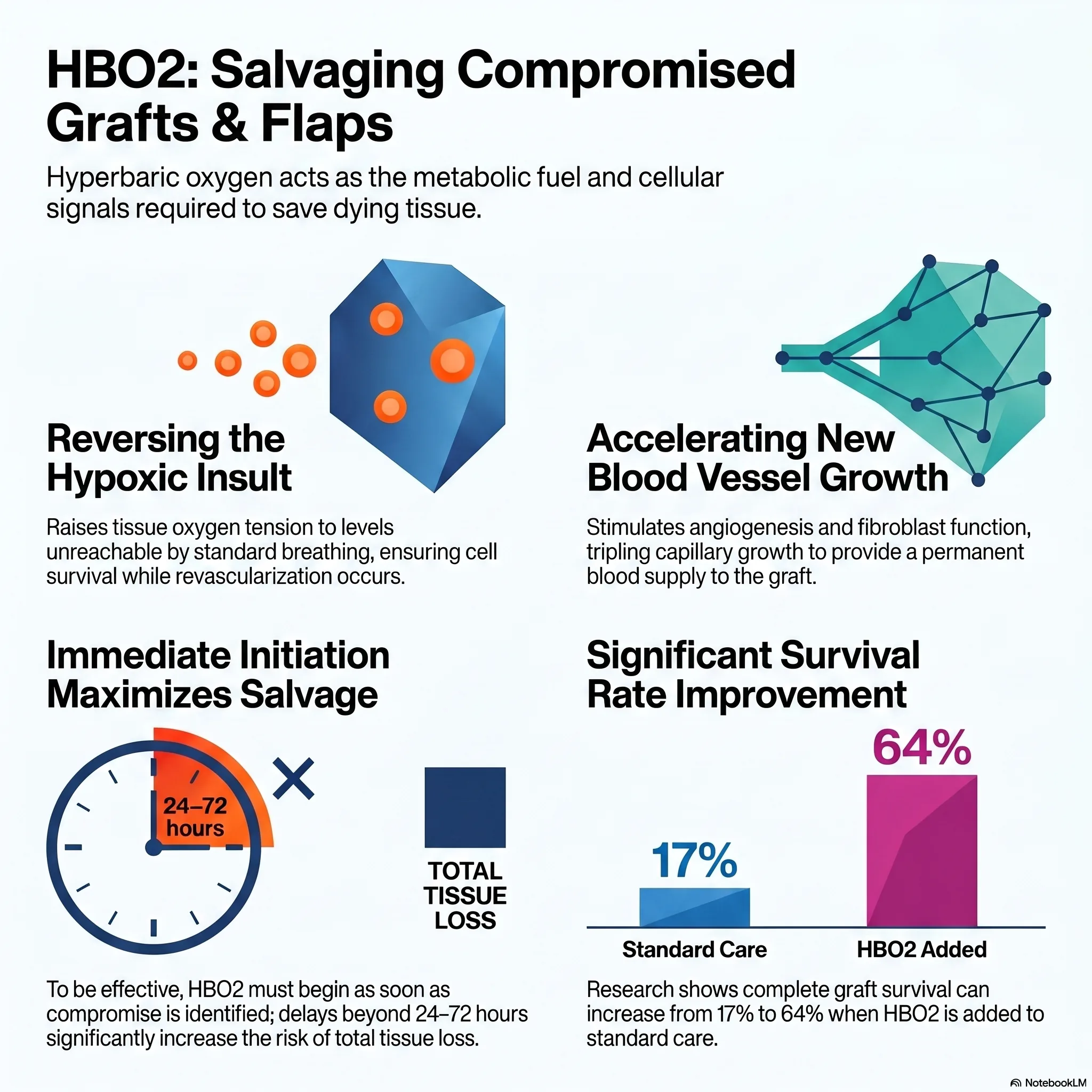 Infographic on how hyperbaric oxygen rescues compromised skin grafts and flaps